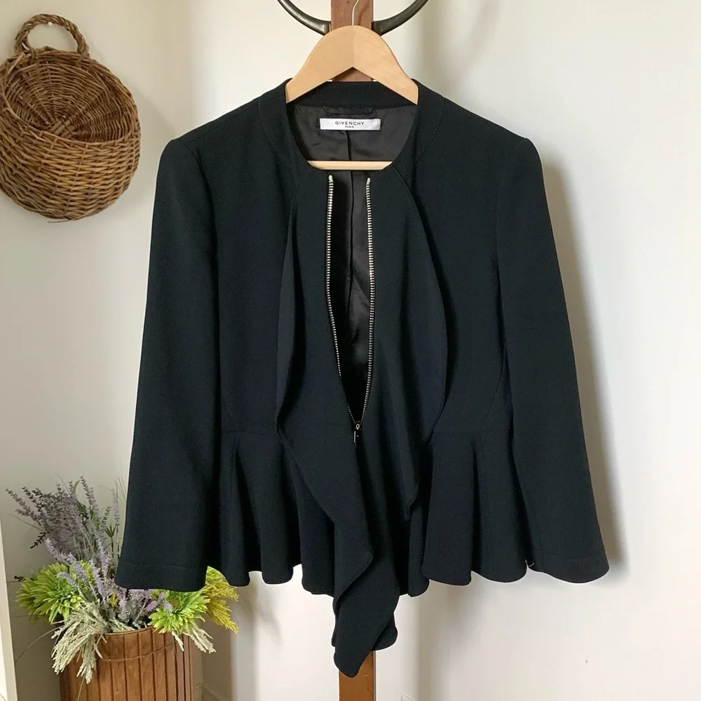 Rare GIVENCHY Black Peplum Jacket Silver Zippered Blazer Italy IT 44 / US MED
